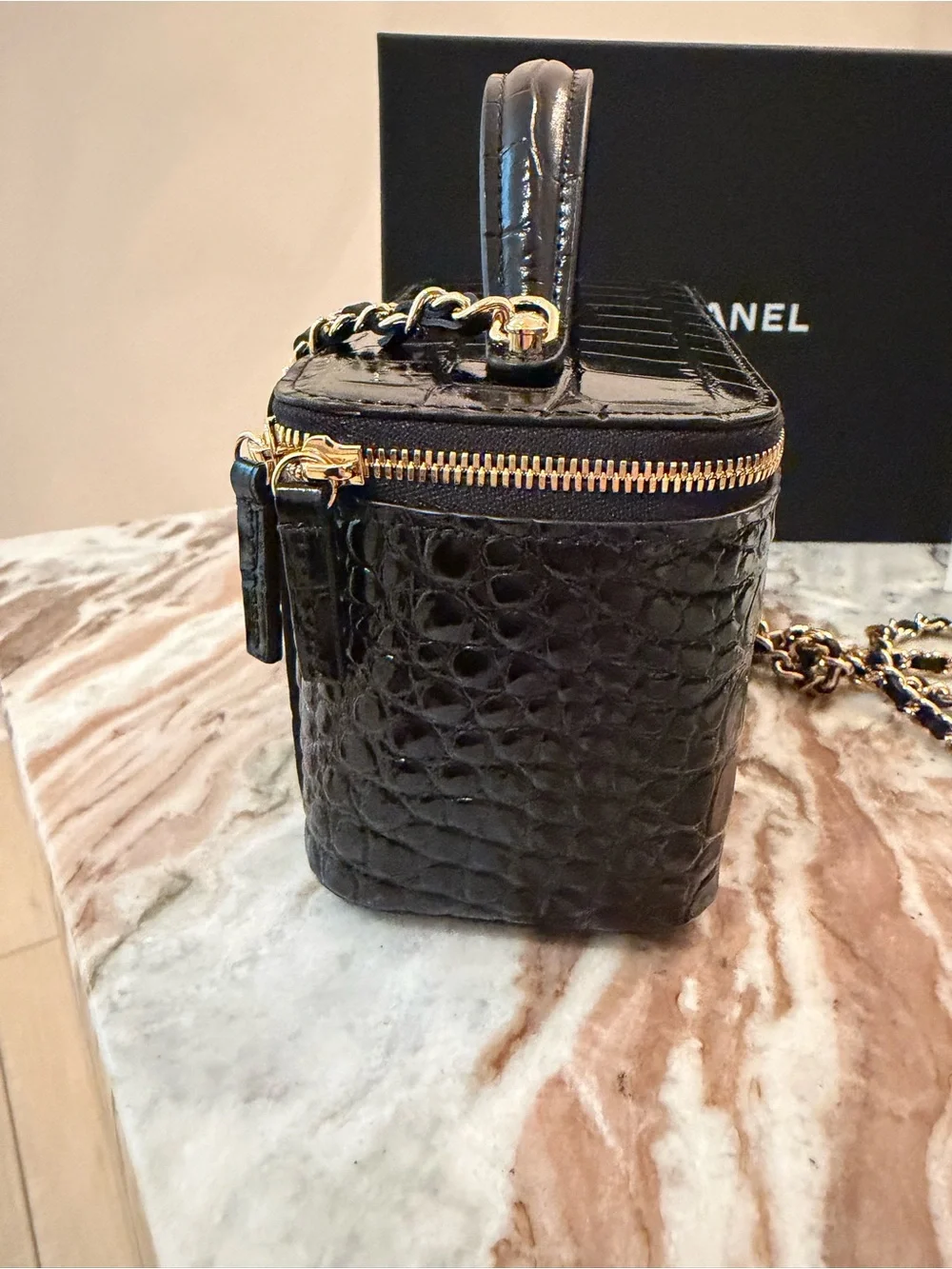 CHANEL Black Croc-Embossed Vanity Box Bag with Gold Hardware new with box